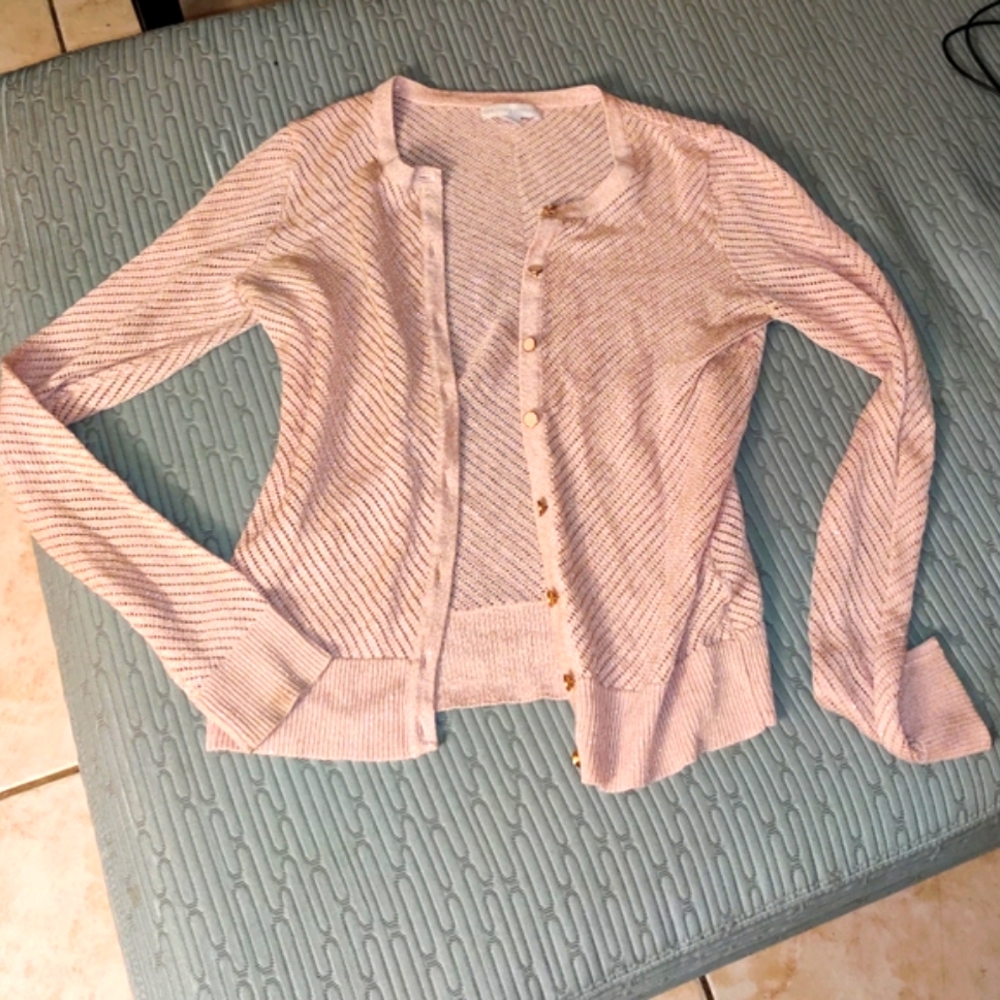 NWOT Cute Glitter Pale Pink Rose Knit Crochet Cardigan Sweater Sparkle Button